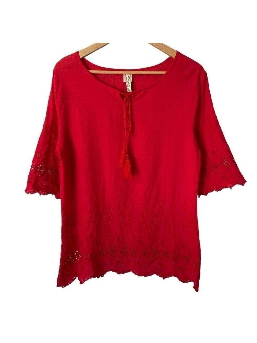 Mengsi Boho Peasant Top Womens S Red Embroidered Eyelet Lace Tunic Shirt EUC